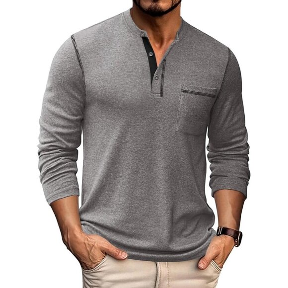Coofandy Men Grey Henley Long Sleeve Pullover Button T-Shirtwith Pocket